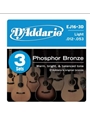 D'Addario EJ16-3D Phosphor Bronze Acoustic Guitar Strings, Light, 3 Sets