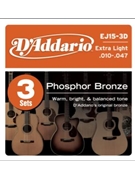 D'Addario EJ15-3D Phosphor Bronze Acoustic Guitar Strings Extra Light 3 Sets by for