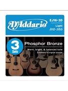 D'Addario EJ16-3D Phosphor Bronze Acoustic Guitar Strings Light 3 Sets by for