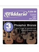 D'Addario EJ26-3D Phosphor Bronze Acoustic Guitar Strings Custom Light 11-52 3 Sets by for