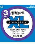 D'Addario EXL115-3D Nickel Wound Electric Guitar Strings 3 Sets Medium/Blues-Jazz Rock 11 by for