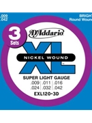 D'Addario EXL120-3D Nickel Wound Electric Guitar Strings Super Light 9-42 3 Sets by for