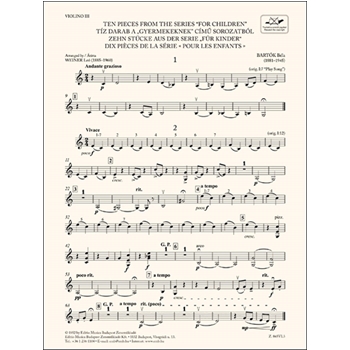 Ten Pieces from the Series 'For Children' for three violins and cello or string quartet or youth string orchestra