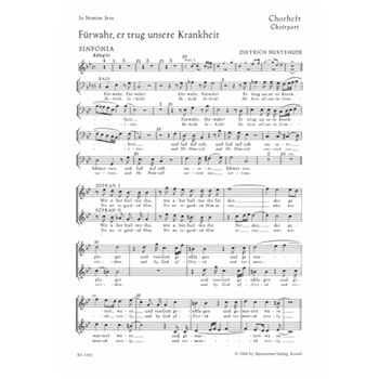 Furwahr er trug unsere Krankheit BuxWV 31 -Passionskantate- (Behold he bore all our infirmities) by Buxtehude Dietrich for SSolo/BSol