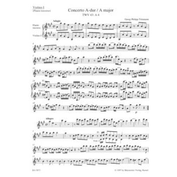 Concerto for Two Violins (Flute and Violin) Viola and Basso Continuo A major TWV 43:A4 by Telemann Georg Philipp for