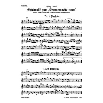 Spielmusik zum Sommernachtstraum fur Streicher (statt Viola auch Violine III) und Basso continuo/ Bl by Purcell Henry for