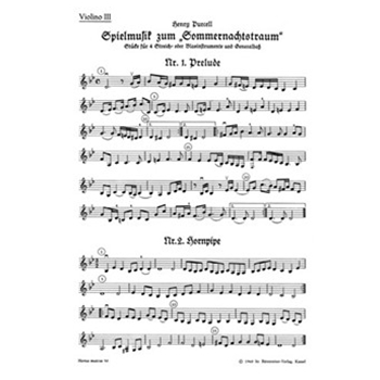 Spielmusik zum Sommernachtstraum fur Streicher (statt Viola auch Violine III) und Basso continuo/ Bl by Purcell Henry for